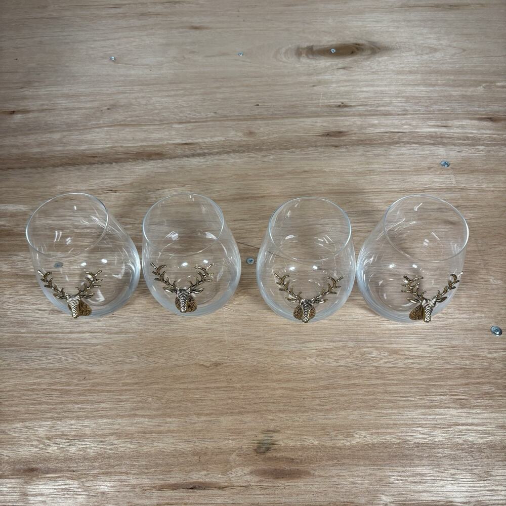 Brass Deer Embellished Stemless Wine Glasses 3D Buck~Set of 4 - Picture 2 of 7